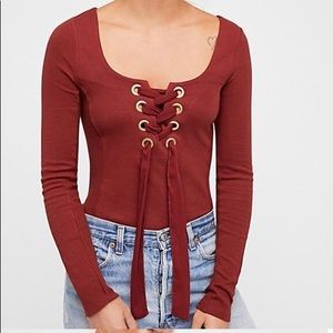 NWT Free People Wine Lace-Up Long Sleeve Top